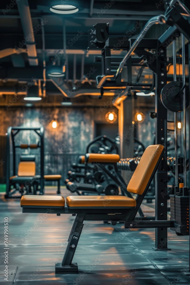 Poster a row of exercise equipment in a gym. suitable for fitness and health-related concepts