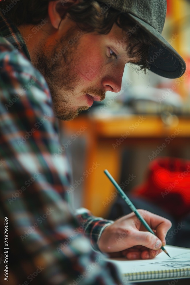 Poster a man writing in a notebook with a pen, suitable for business or education concepts