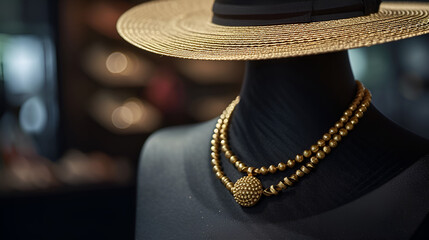 Gold necklace on black mannequin on black background. generative ai  - obrazy, fototapety, plakaty