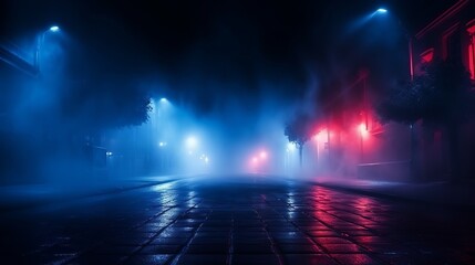 Dark Street Background with Thick Fog, Spotlight, and Blue and Red Neon Lights. Abstract Night View with Neon Lights.