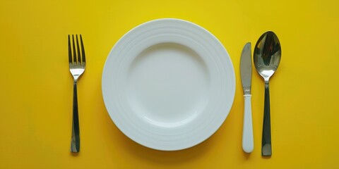 A simple white plate with a fork and spoon. Suitable for food-related designs