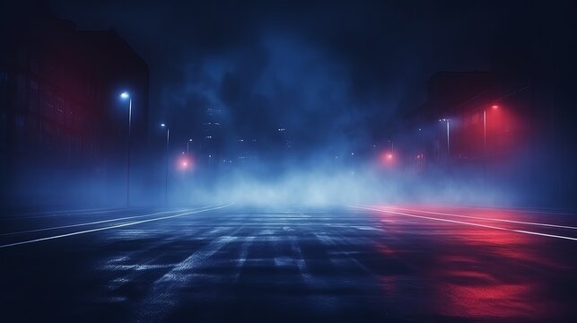 Dark Street Background with Thick Fog, Spotlight, and Blue and Red Neon Lights. Abstract Night View with Neon Lights.