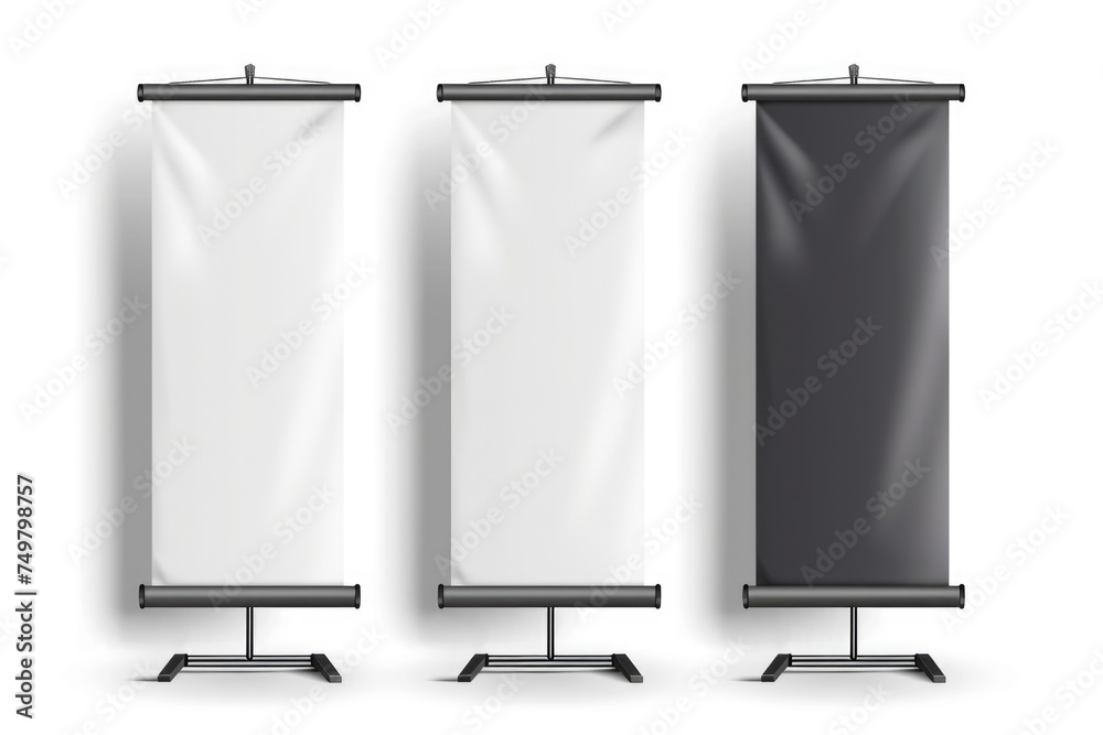 Poster three blank banners on a stand, perfect for adding your own message. ideal for advertising or promot