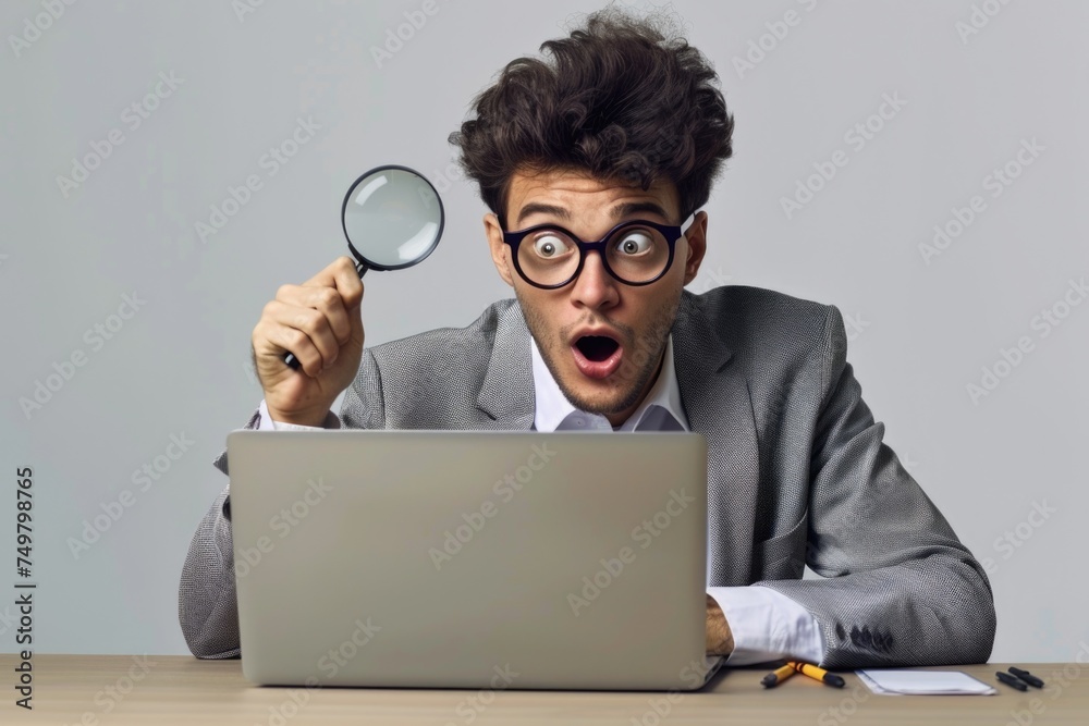 Poster a man examining a laptop screen with a magnifying glass. suitable for technology concepts