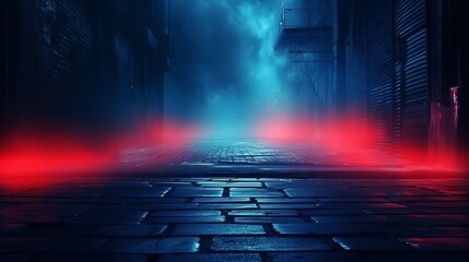 Dark Street Background with Thick Fog, Spotlight, and Blue and Red Neon Lights. Abstract Night View with Neon Lights.