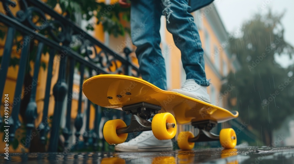 Poster a person standing on a skateboard in the rain. suitable for sports and weather-related concepts