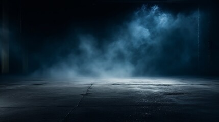 Dark Street with Asphalt Abstract Background. Neon Light and Spotlights Illuminate the Concrete Floor for Product Display.