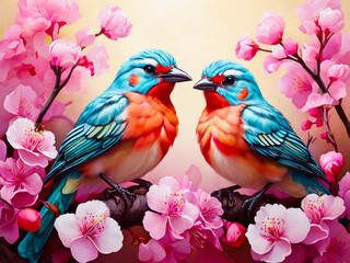 Cute songbird perched on a cherry blossom tree branch beautiful birds with spring illustration