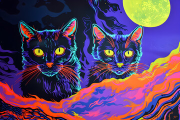 1970s psychedelic blacklight poster of cats - obrazy, fototapety, plakaty