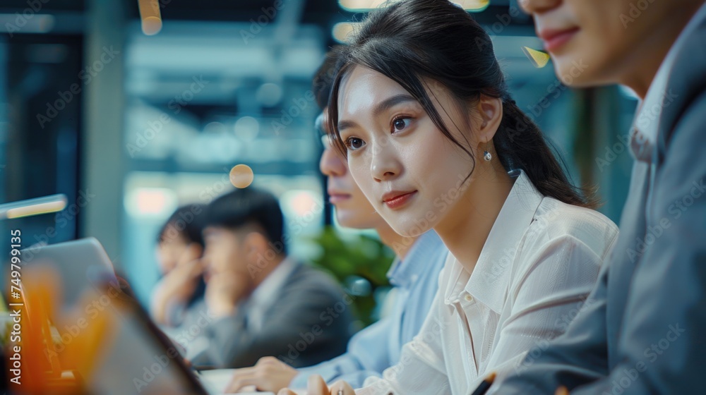 Poster woman sitting in front of a laptop computer. suitable for technology concepts