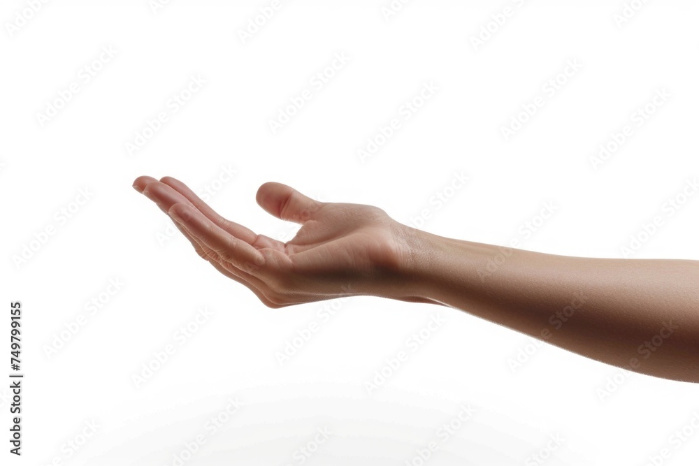 Poster a person holding out their hand on a white background. can be used for various concepts
