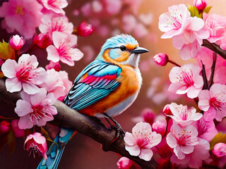 Cute songbird perched on a cherry blossom tree branch beautiful birds with spring illustration