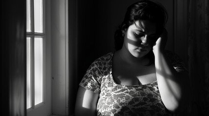 Fototapeta na wymiar Overweight, depressed young woman. 