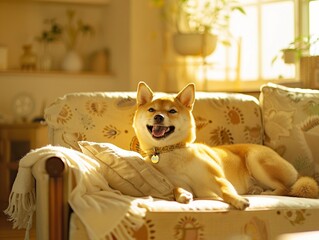 Shiba Inu sitting on sofa, cute dog on sofa, Shiba Inu dog smiling