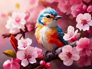 Cute songbird perched on a cherry blossom tree branch beautiful birds with spring illustration