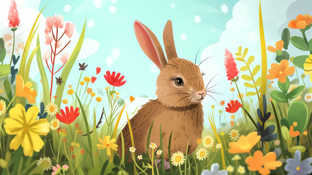 Cute brown rabbit is sitting among little spring flowers on a blue sky background. Watercolor painting style.