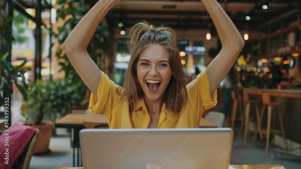 Poster woman sitting in front of a laptop computer. suitable for technology concept