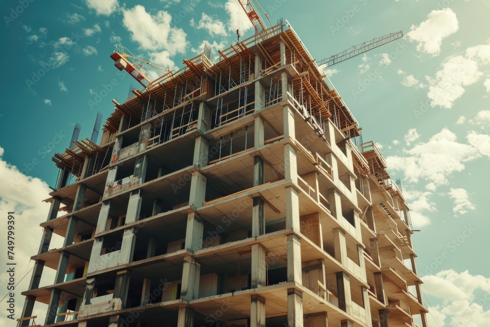 Poster A tall building with a crane on top. Suitable for construction and urban development concepts
