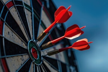 Three red darts hitting the bullseye, perfect for business success concepts