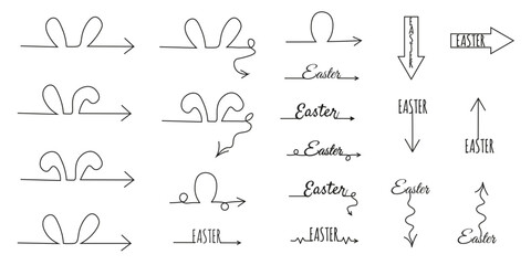 Set Doodle Hand Drawn Easter Arrows isolated on white backdrop. Doodle artistic celebration elements collection. Typography Arrow and underline. Vector illustration. EPS 10 Editable stroke