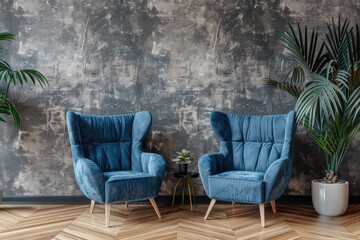 Fototapeta premium Two blue chairs side by side. Perfect for home decor or furniture advertisements