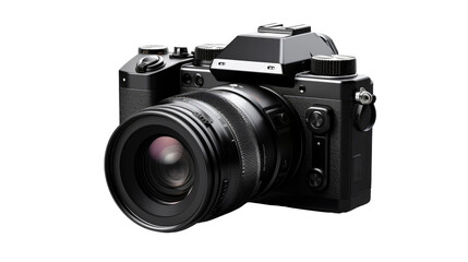 Fototapeta premium Camera With Attached Lens. A camera with a lens attached to it, showing the equipment used for capturing images. The lens is securely connected to the camera body, ready for photography.