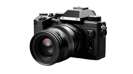 Camera With Attached Lens. A camera with a lens attached to it, showing the equipment used for capturing images. The lens is securely connected to the camera body, ready for photography.