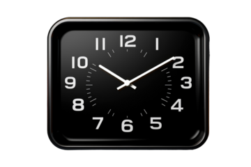 Black Clock. A black square clock with white numbers displayed prominently against a plain background. The clock hands indicate the current time with precision. on White or PNG Transparent Background.