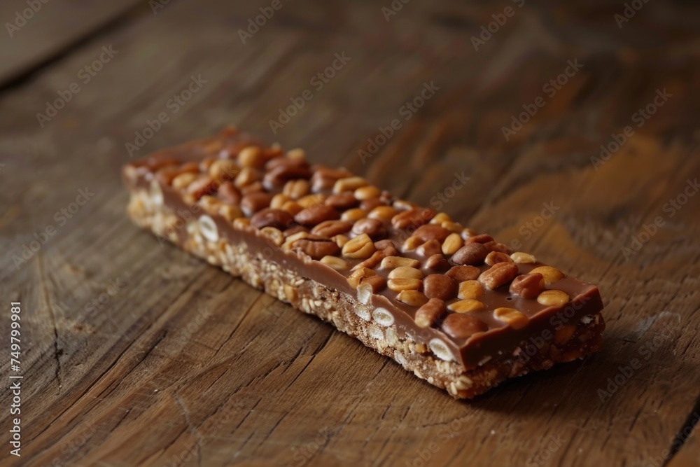 Poster delicious chocolate bar with nuts on a rustic wooden table. perfect for food and dessert concepts