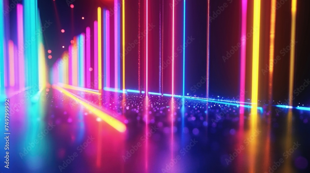 Poster a striking image of a long line of neon lights in a dark room. perfect for urban and nightlife conce