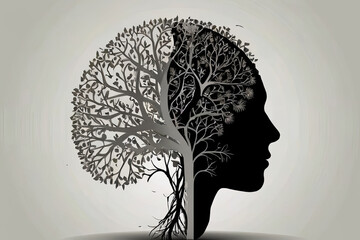 Human head silhouette with tree inside symbolizes nature and brain connectivity. Conceptual imagery for creativity and growth. 