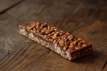 Delicious chocolate bar with nuts on a rustic wooden table. Perfect for food and dessert concepts