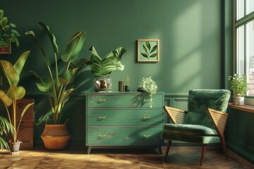 A room with green walls, a green chair, and potted plants. Ideal for interior design concepts