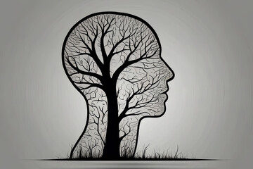 Human head silhouette with tree inside symbolizes nature and brain connectivity. Conceptual imagery for creativity and growth. 