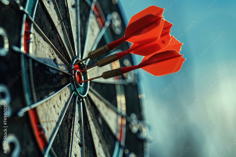 Poster close up of a dart hitting a target, suitable for business and success concepts