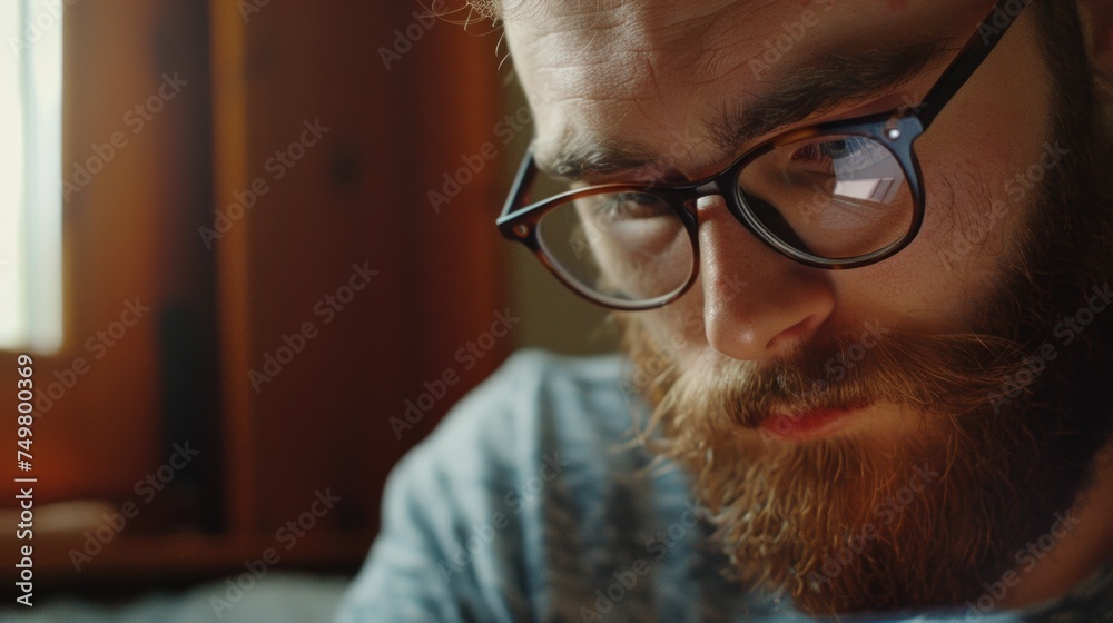 Poster A man with a beard and glasses looking at a cell phone. Suitable for technology concepts