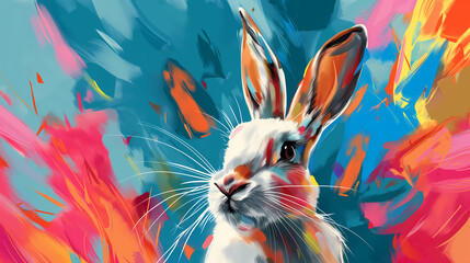 Cute vibrant holographic rabbit with colorful easter eggs on a vibrant gradient abstract background. Fancy neon style. - obrazy, fototapety, plakaty