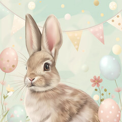 Cute brown rabbit with pastel Easter eggs, little spring flowers and party flags on a pastel blue background. Painting in soft and gentle style.