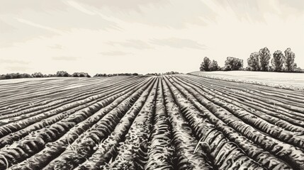 A stark black and white photo of a plowed field. Suitable for agricultural themes