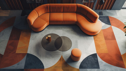 An ultra-HD image showcasing a futuristic floor design with modular carpet tiles in bold geometric shapes and muted earthy tones, arranged to create a dynamic and sophisticated effect.