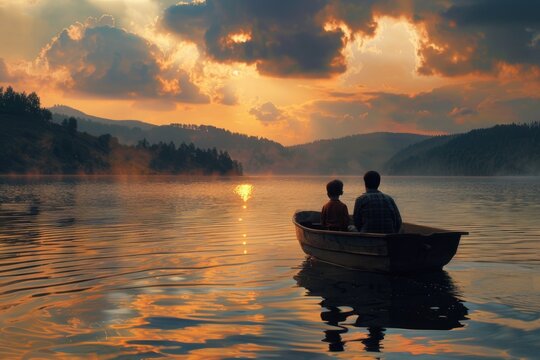 A man and a woman enjoying a peaceful boat ride on a serene lake. Suitable for travel or leisure concepts