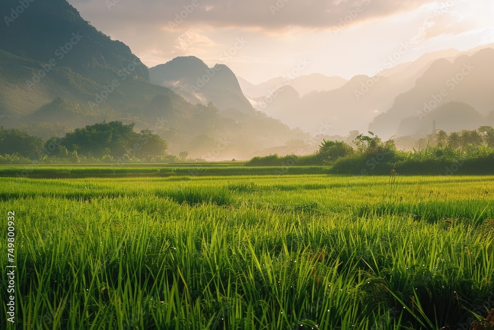 Poster scenic view of green grass field with mountains in the background. suitable for nature and landscape