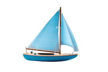 Toy Sailboat With Blue Sails. A small toy sailboat with blue sails is displayed on a clean white background. The sailboat appears to be stationary with its sails fully extended ready to catch.