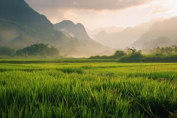 Naklejka premium Scenic view of green grass field with mountains in the background. Suitable for nature and landscape concepts