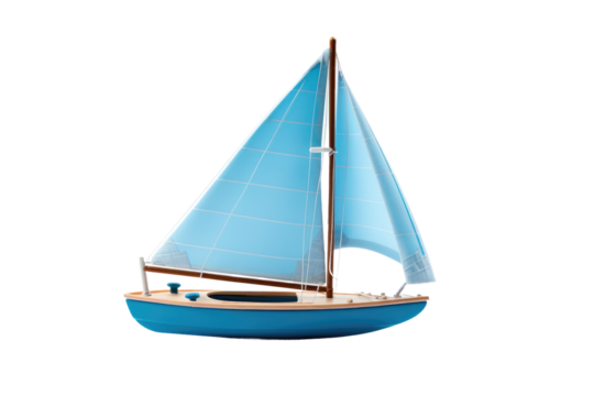 Toy Sailboat With Blue Sails. A small toy sailboat with blue sails is displayed on a clean white background. The sailboat appears to be stationary with its sails fully extended ready to catch.