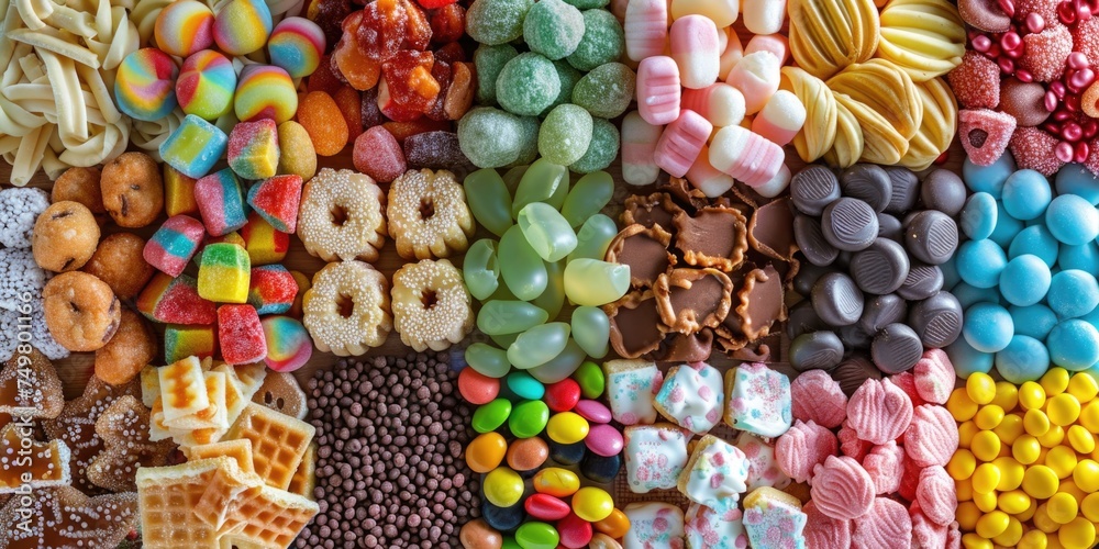 Poster Various colorful candies and sweets on a display table. Great for food and party concepts