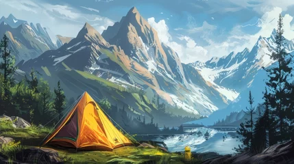 Zelfklevend Fotobehang tourist tent camping in mountains © Emil