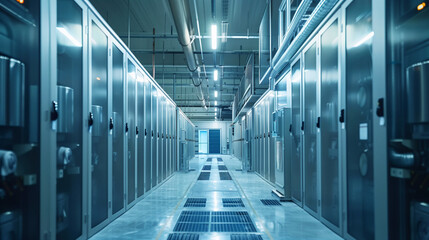 Modern Data Center Server Room Corridor.