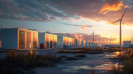 Sunset over a renewable energy facility featuring wind turbines and a data center, highlighting the intersection of technology and sustainable energy.