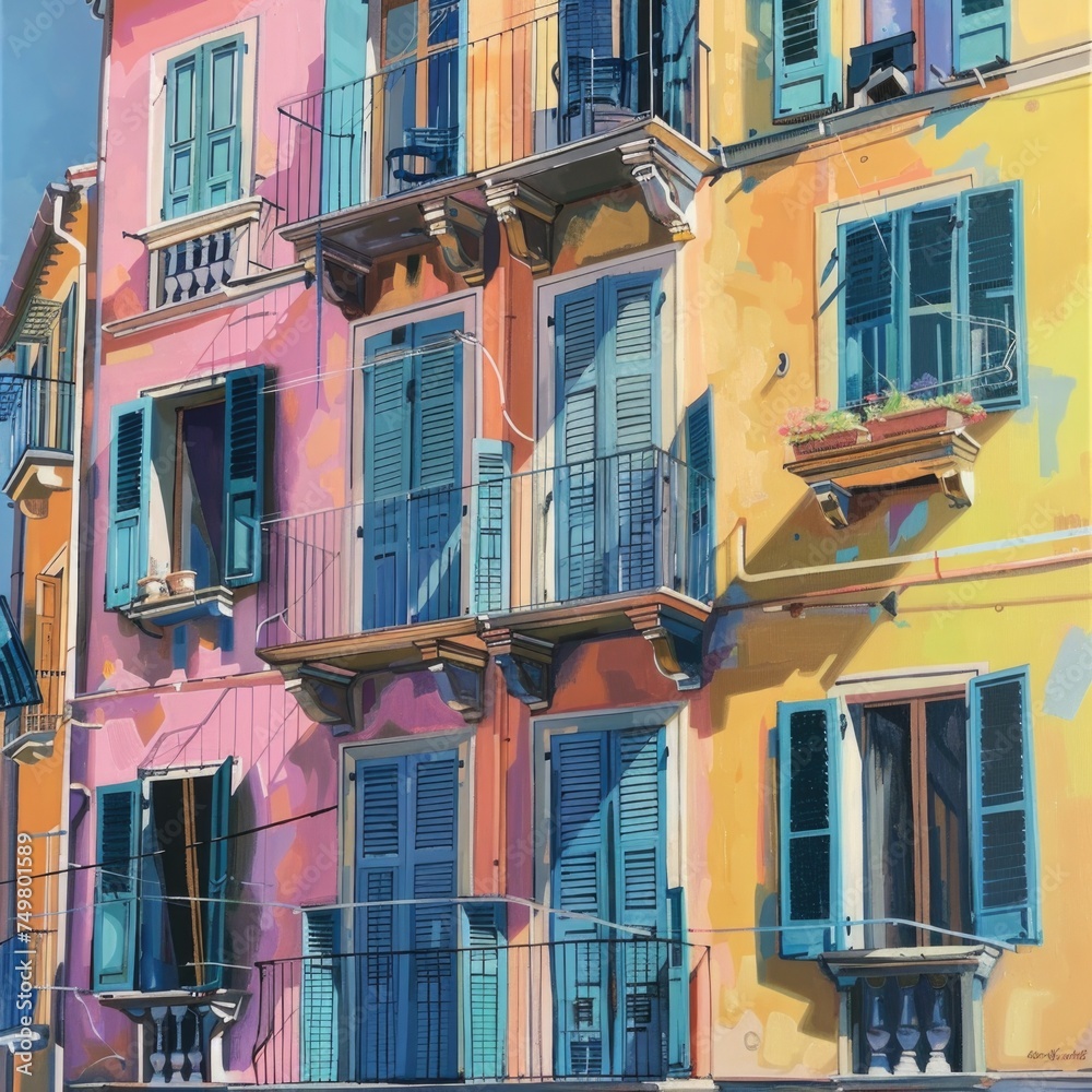 Aufkleber a painting of a multi-story building with numerous windows and balconies. suitable for architectural